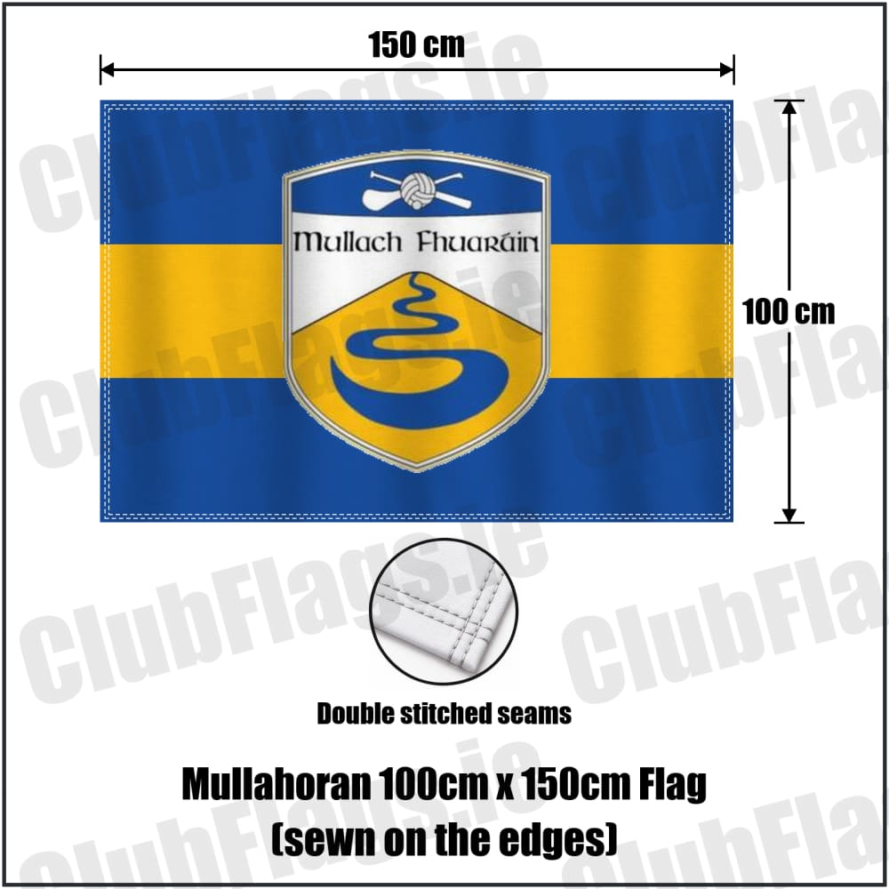 Mullahoran 100cm x 150cm Flag (sewn on the edges) in royal blue and amber, featuring the club crest on realistic fabric with gentle vertical folds; County Cavan GAA. ClubFlags.ie.