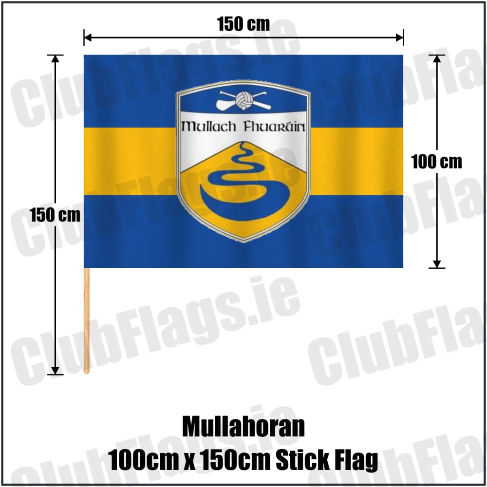 Mullahoran 100cm x 150cm Stick Flag in royal blue and amber, featuring the club crest on realistic fabric with gentle vertical folds; County Cavan GAA. ClubFlags.ie.