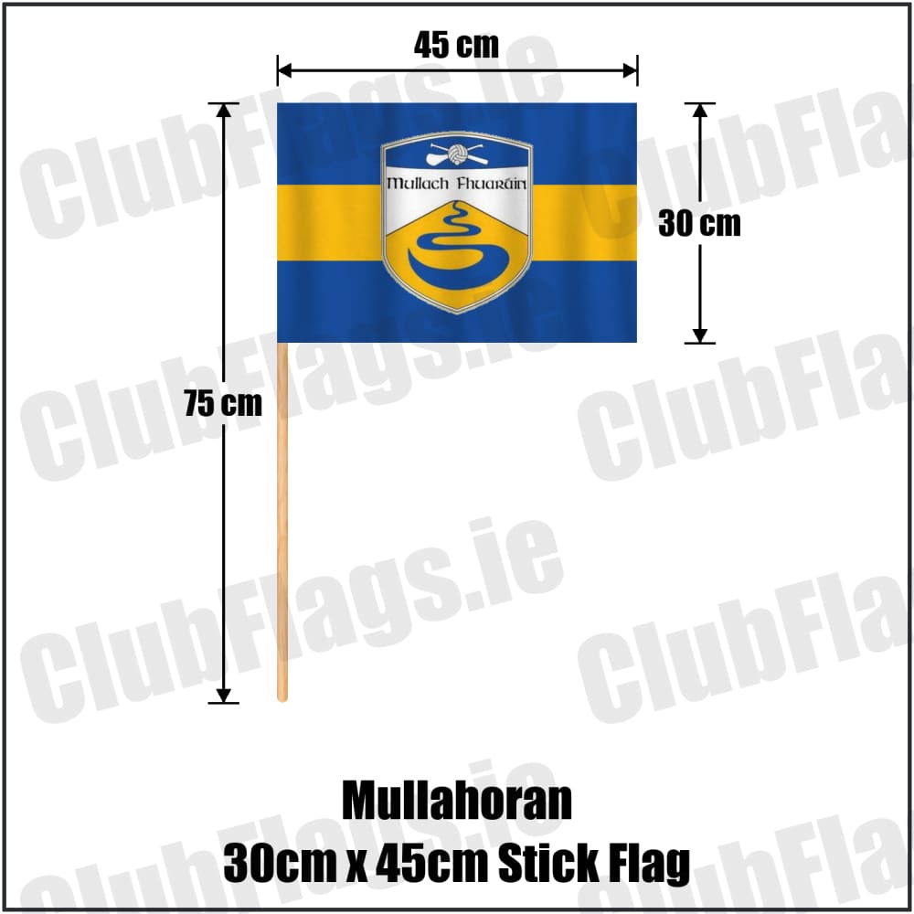 Mullahoran 30cm x 45cm Stick Flag in royal blue and amber, featuring the club crest on realistic fabric with gentle vertical folds; County Cavan GAA. ClubFlags.ie.