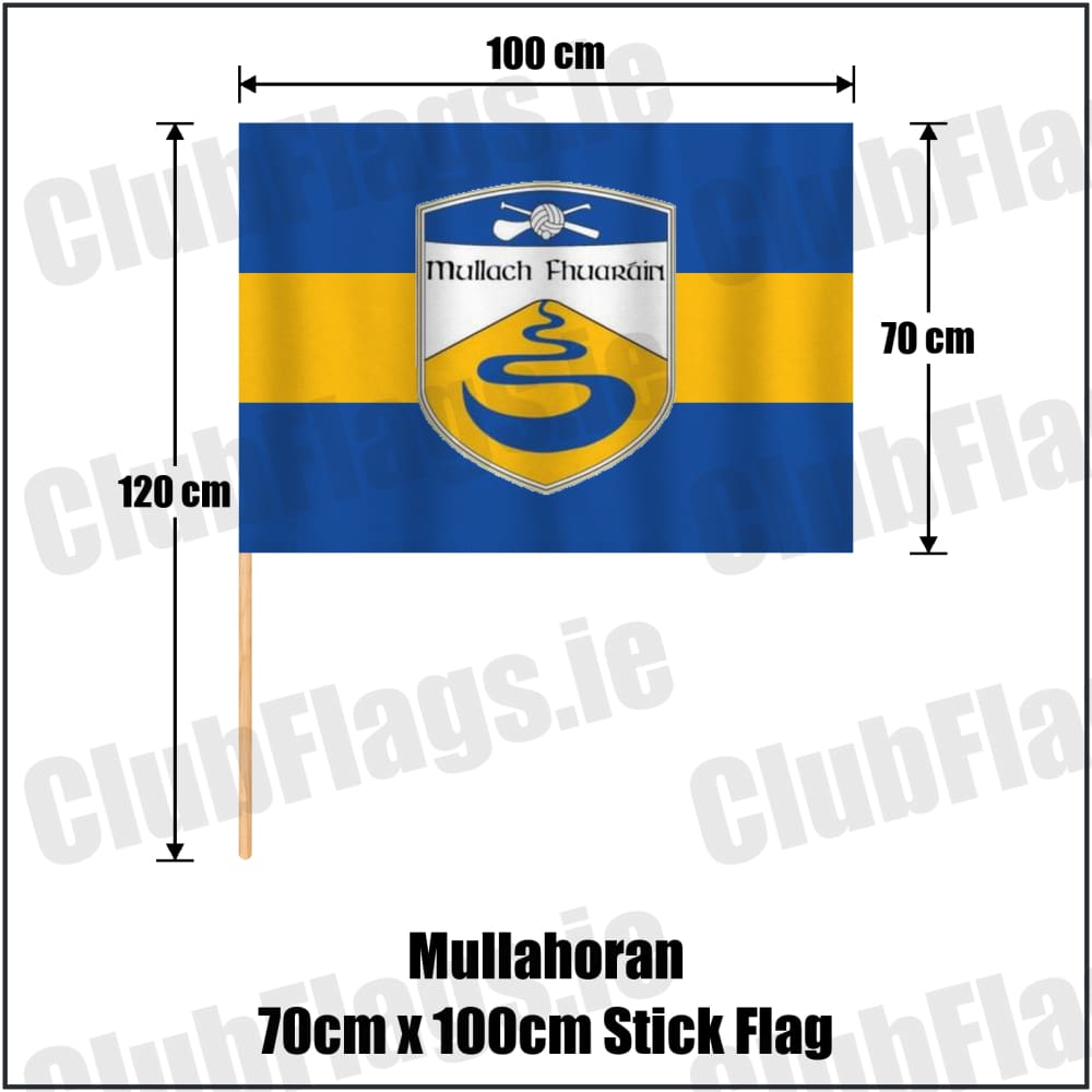Mullahoran 70cm x 100cm Stick Flag in royal blue and amber, featuring the club crest on realistic fabric with gentle vertical folds; County Cavan GAA. ClubFlags.ie.