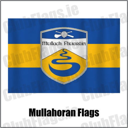 Mullahoran Flags in royal blue and amber, featuring the club crest on realistic fabric with gentle vertical folds; County Cavan GAA. ClubFlags.ie.