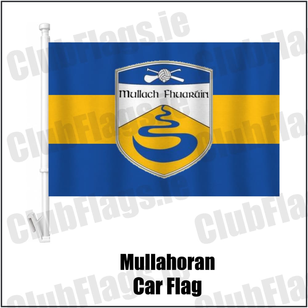 Mullahoran Car Flag in royal blue and amber, featuring the club crest on realistic fabric with gentle vertical folds; County Cavan GAA. ClubFlags.ie.