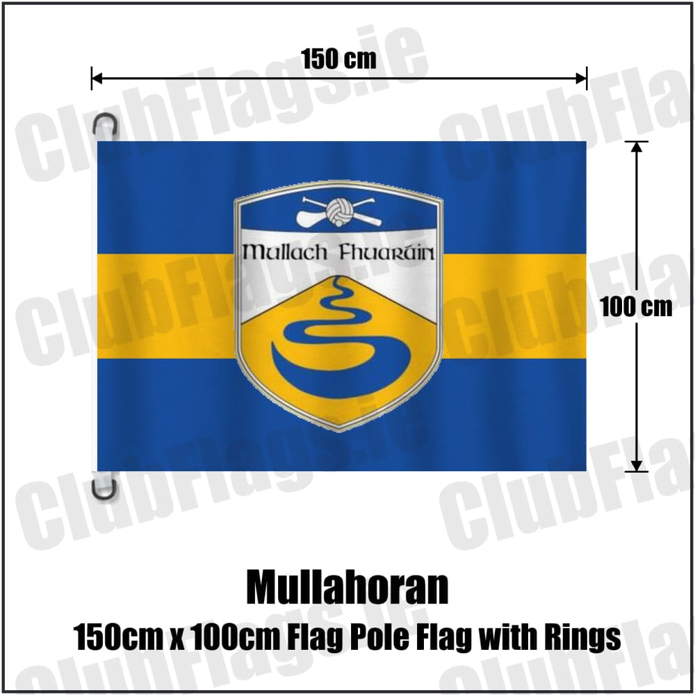 Mullahoran 150cm x 100cm Flag Pole Flag with Rings in royal blue and amber, featuring the club crest on realistic fabric with gentle vertical folds; County Cavan GAA. ClubFlags.ie.