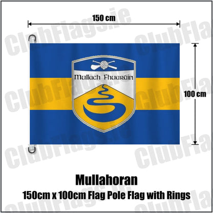 Mullahoran 150cm x 100cm Flag Pole Flag with Rings in royal blue and amber, featuring the club crest on realistic fabric with gentle vertical folds; County Cavan GAA. ClubFlags.ie.