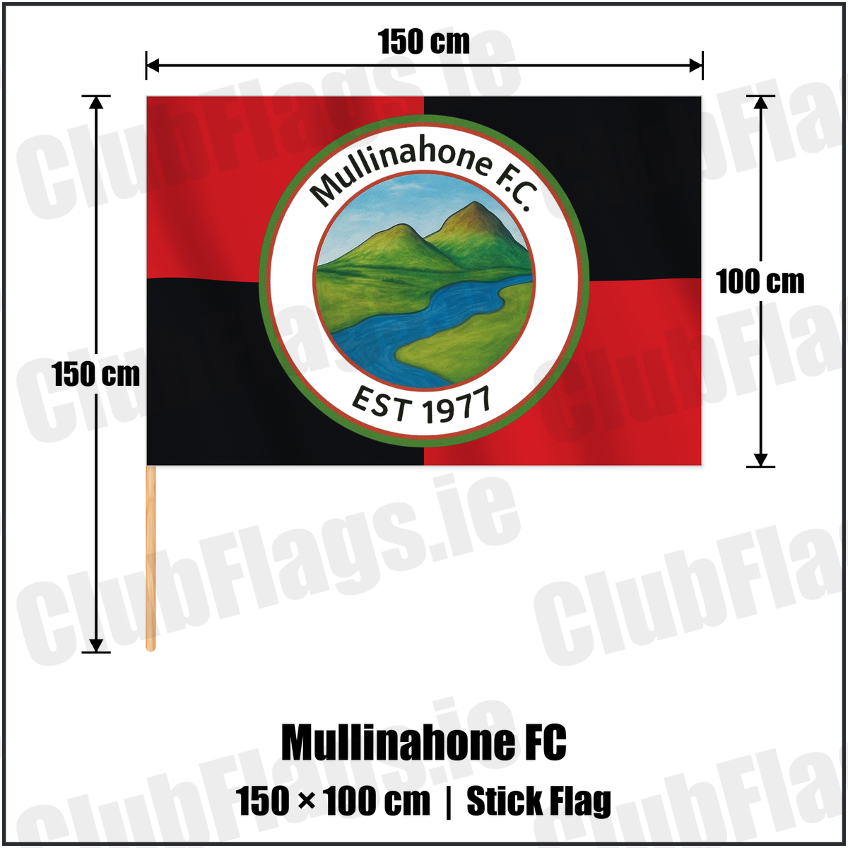 Mullinahone FC 100cm x 150cm Stick Flag with the verified club crest and colours, Tipperary Football - ClubFlags.ie