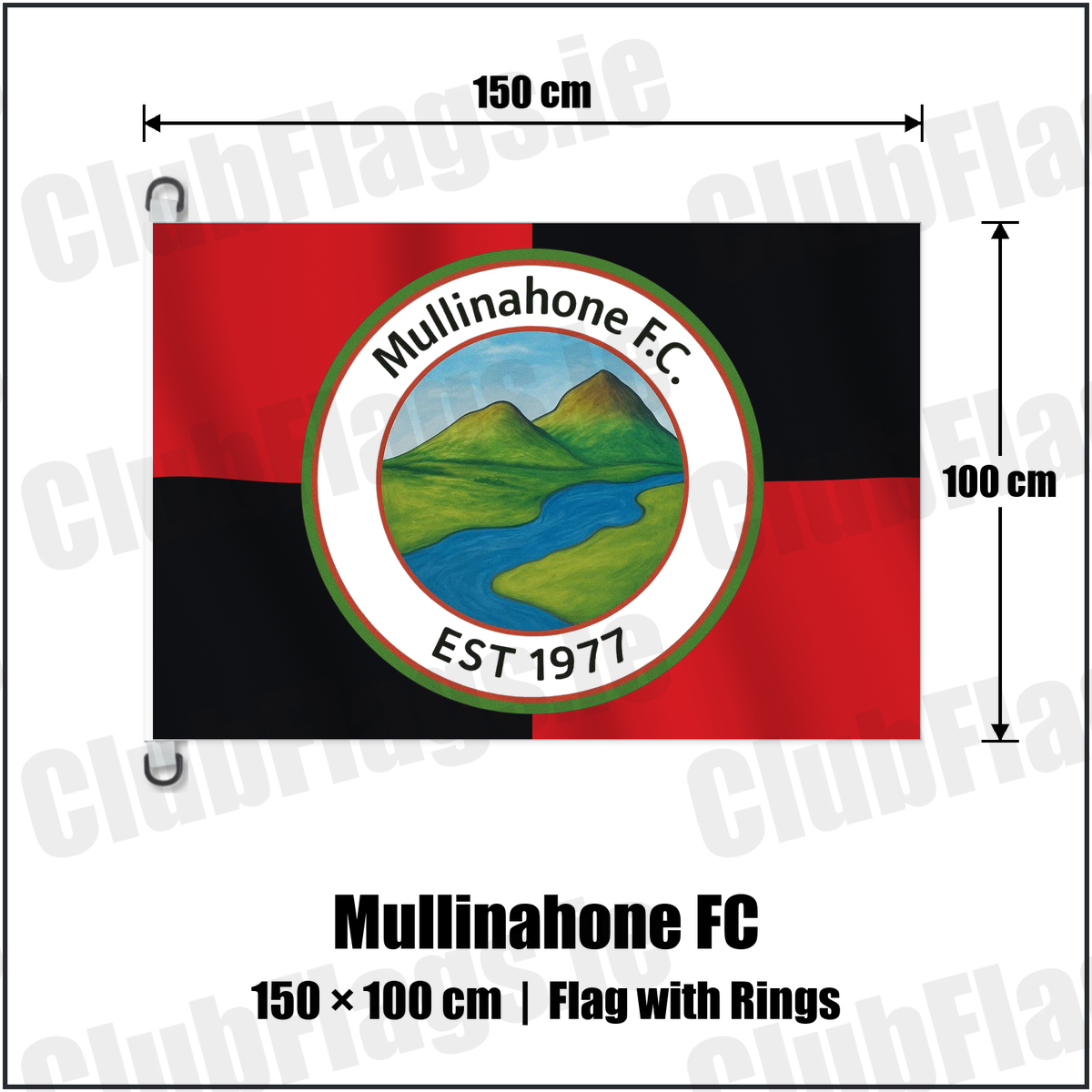 Mullinahone FC 150cm x 100cm Flag Pole Flag with Rings with the verified club crest and colours, Tipperary Football - ClubFlags.ie