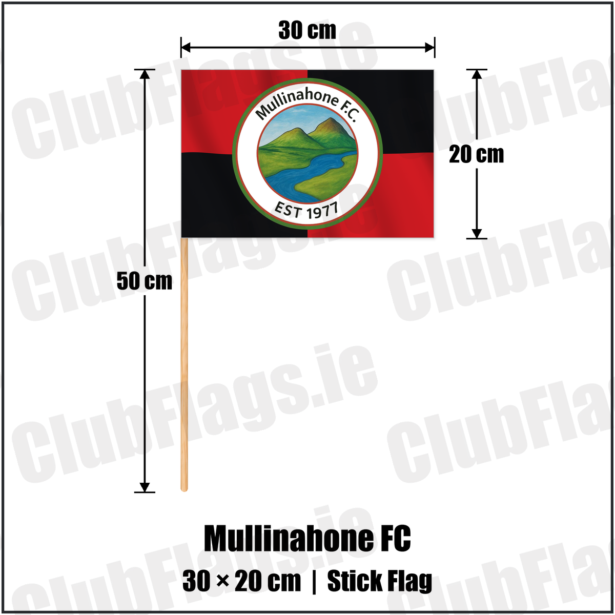 Mullinahone FC 20cm x 30cm Stick Flag with the verified club crest and colours, Tipperary Football - ClubFlags.ie