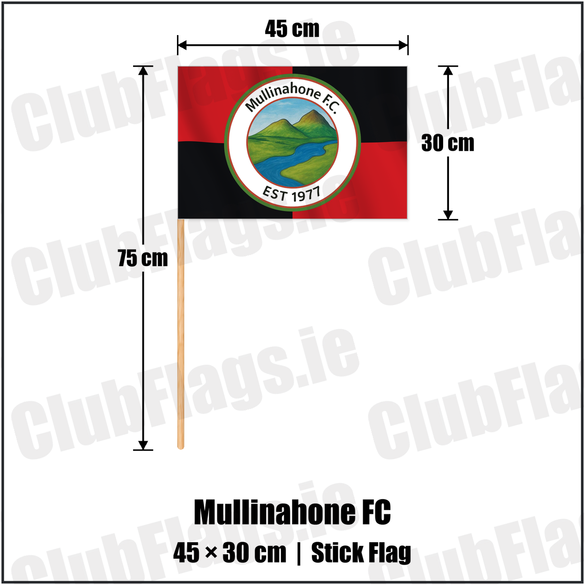 Mullinahone FC 30cm x 45cm Stick Flag with the verified club crest and colours, Tipperary Football - ClubFlags.ie