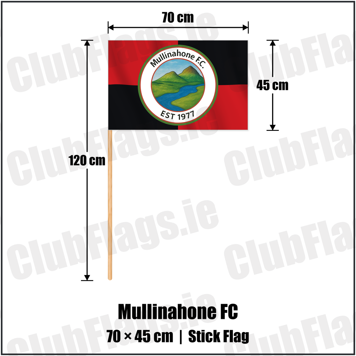 Mullinahone FC 45cm x 70cm Stick Flag with the verified club crest and colours, Tipperary Football - ClubFlags.ie