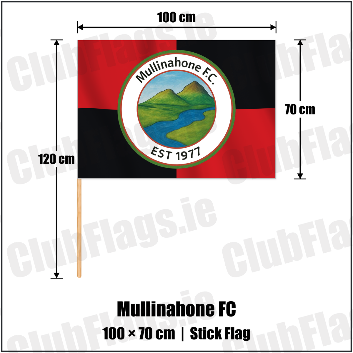 Mullinahone FC 70cm x 100cm Stick Flag with the verified club crest and colours, Tipperary Football - ClubFlags.ie