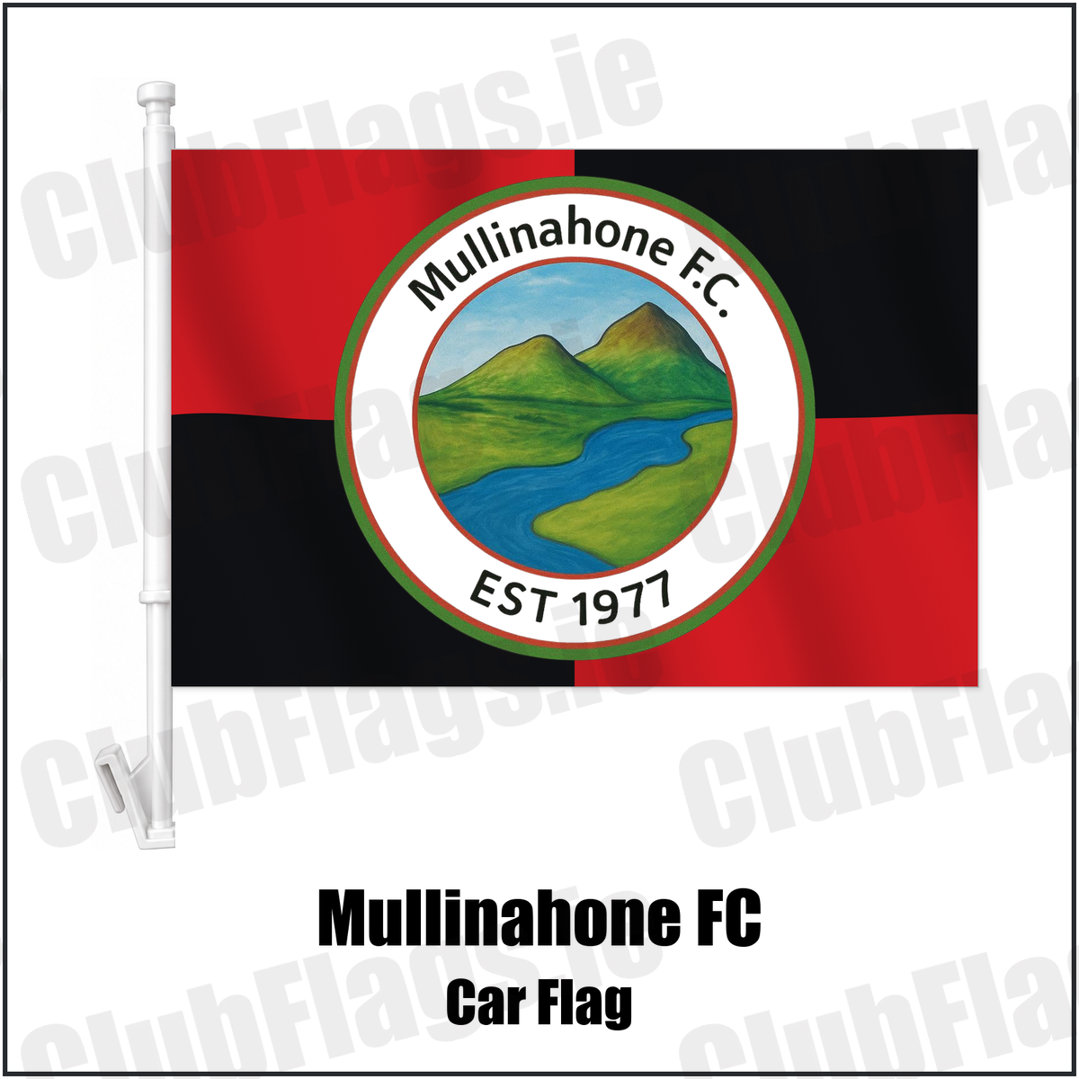 Mullinahone FC Car Flag with the verified club crest and colours, Tipperary Football - ClubFlags.ie