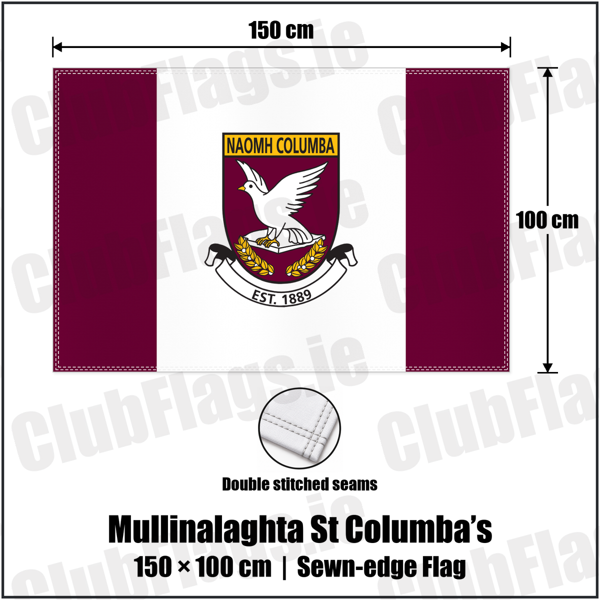 Mullinalaghta St Columba’s 100cm x 150cm Flag (sewn on the edges) with the club crest and colours, Longford GAA - ClubFlags.ie