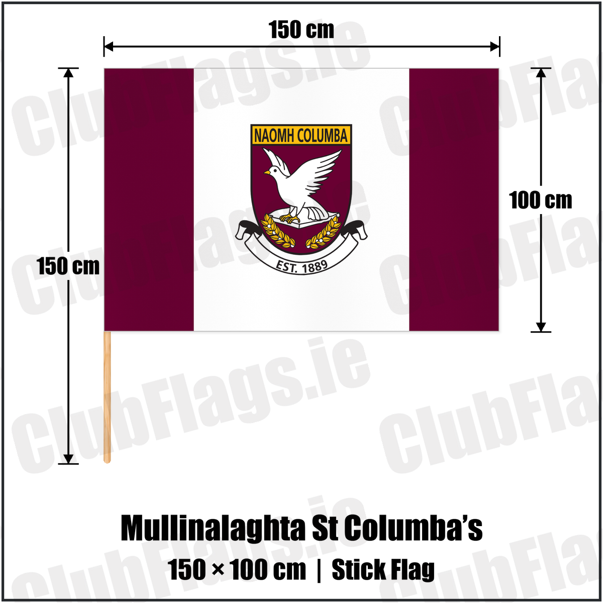 Mullinalaghta St Columba’s 100cm x 150cm Stick Flag with the club crest and colours, Longford GAA - ClubFlags.ie