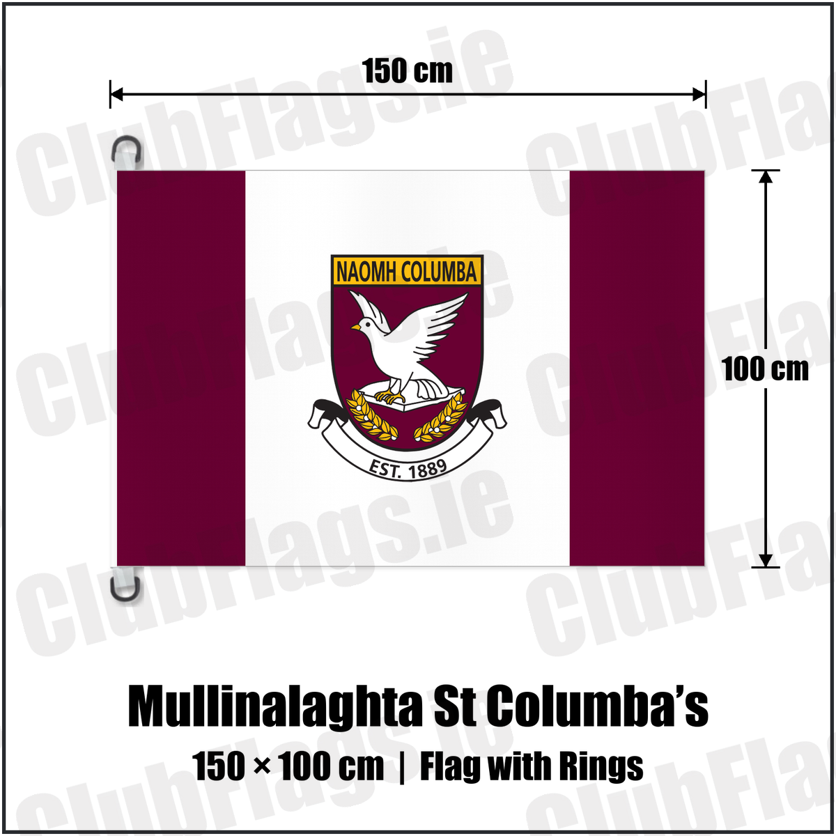 Mullinalaghta St Columba’s 150cm x 100cm Flag Pole Flag with Rings with the club crest and colours, Longford GAA - ClubFlags.ie