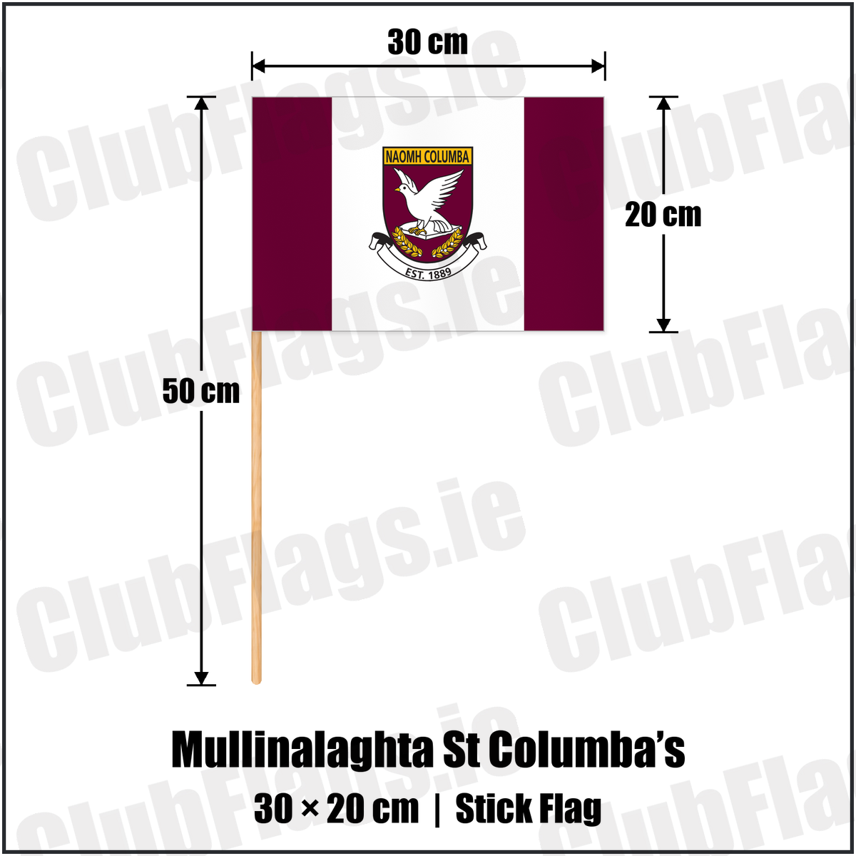 Mullinalaghta St Columba’s 20cm x 30cm Stick Flag with the club crest and colours, Longford GAA - ClubFlags.ie