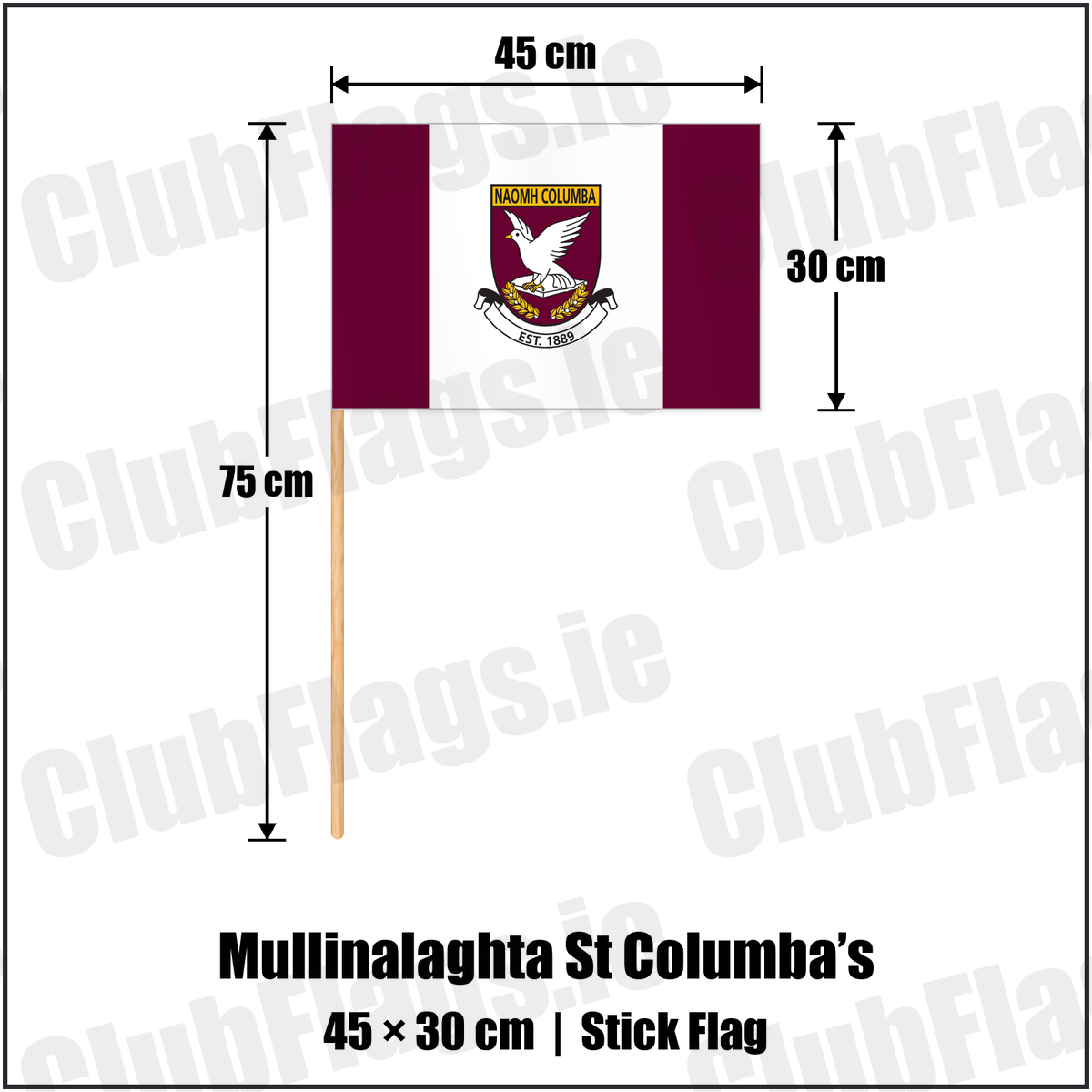 Mullinalaghta St Columba’s 30cm x 45cm Stick Flag with the club crest and colours, Longford GAA - ClubFlags.ie