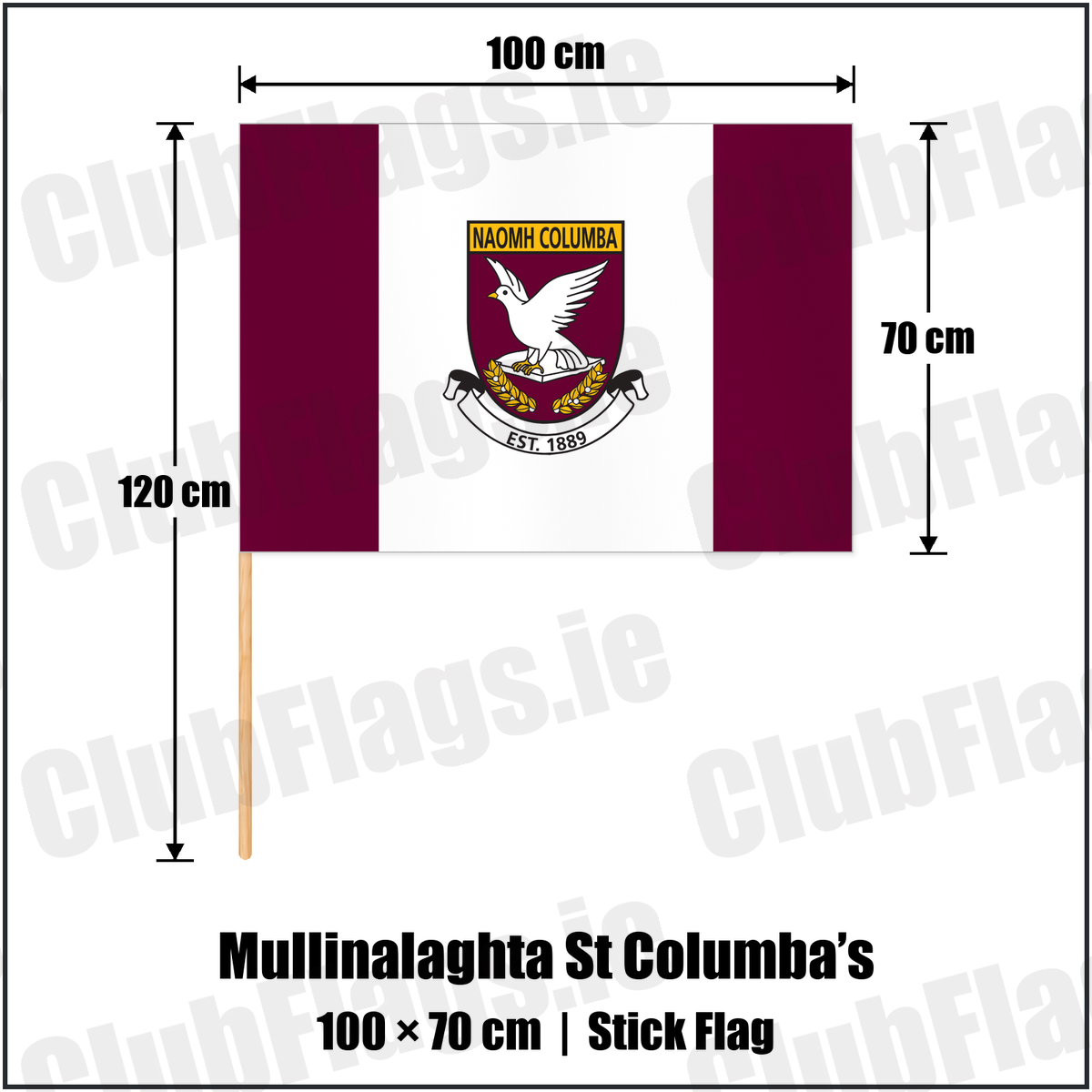 Mullinalaghta St Columba’s 70cm x 100cm Stick Flag with the club crest and colours, Longford GAA - ClubFlags.ie