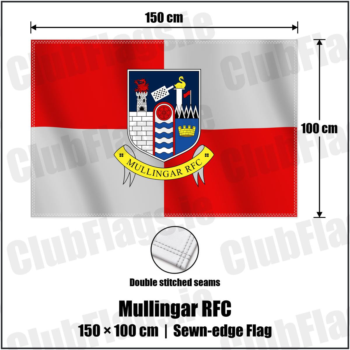 Mullingar RFC 100cm x 150cm Flag (sewn on the edges) with the club crest and colours, Westmeath Rugby - ClubFlags.ie