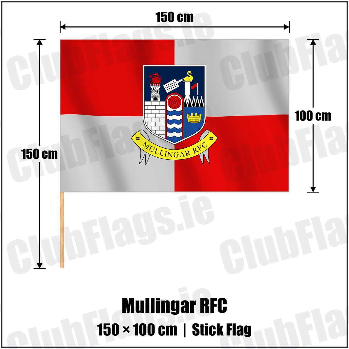 Mullingar RFC 100cm x 150cm Stick Flag with the club crest and colours, Westmeath Rugby - ClubFlags.ie