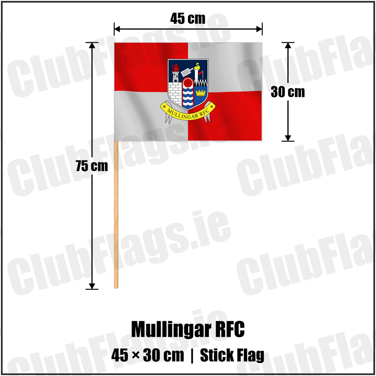 Mullingar RFC 30cm x 45cm Stick Flag with the club crest and colours, Westmeath Rugby - ClubFlags.ie