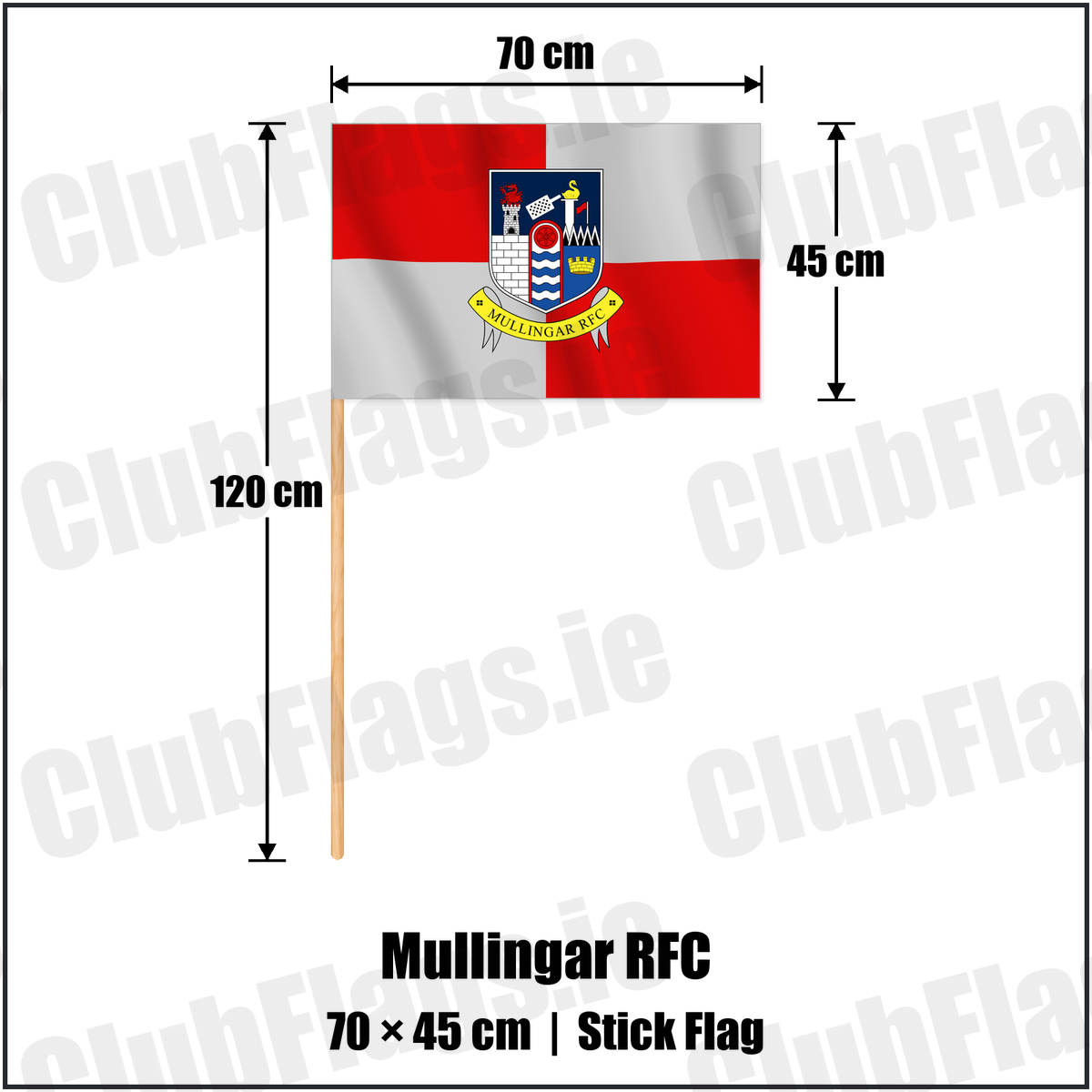 Mullingar RFC 45cm x 70cm Stick Flag with the club crest and colours, Westmeath Rugby - ClubFlags.ie