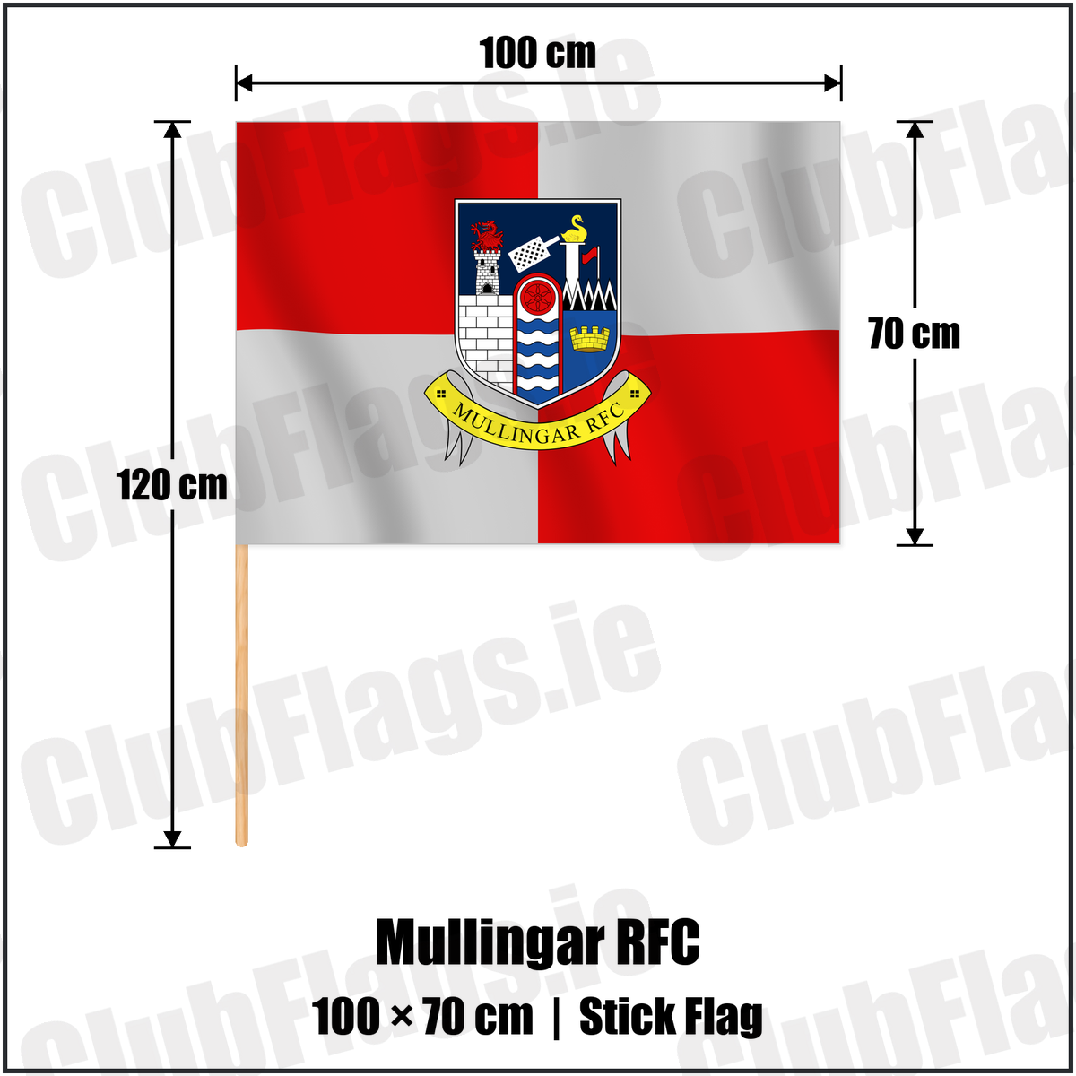 Mullingar RFC 70cm x 100cm Stick Flag with the club crest and colours, Westmeath Rugby - ClubFlags.ie