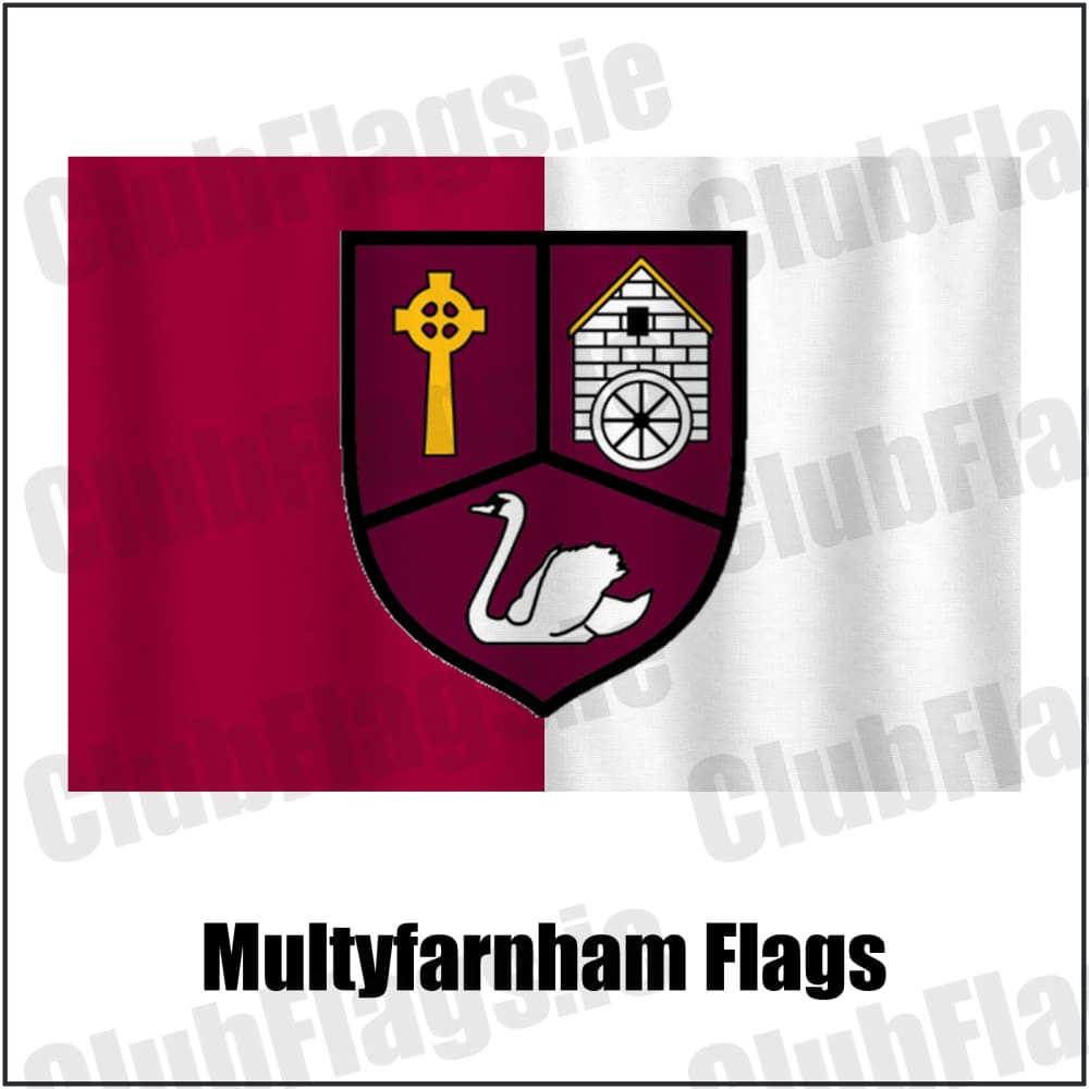Multyfarnham Flags in maroon and white, featuring the club crest on realistic fabric with gentle vertical folds; County Westmeath GAA. ClubFlags.ie.