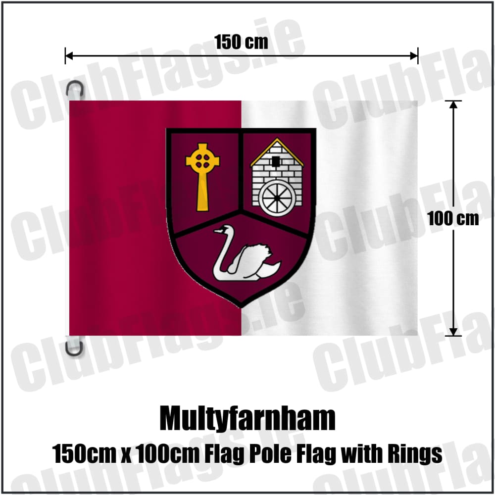 Multyfarnham 150cm x 100cm Flag Pole Flag with Rings in maroon and white, featuring the club crest on realistic fabric with gentle vertical folds; County Westmeath GAA. ClubFlags.ie.