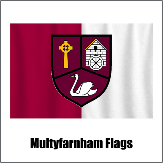 Multyfarnham Flags, featuring the club crest and maroon and white colours; County Westmeath GAA. ClubFlags.ie.