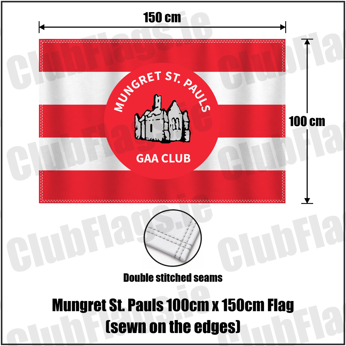 Mungret St. Pauls 100cm x 150cm Flag (sewn on the edges), featuring the club crest and red and white colours; County Limerick GAA. ClubFlags.ie.