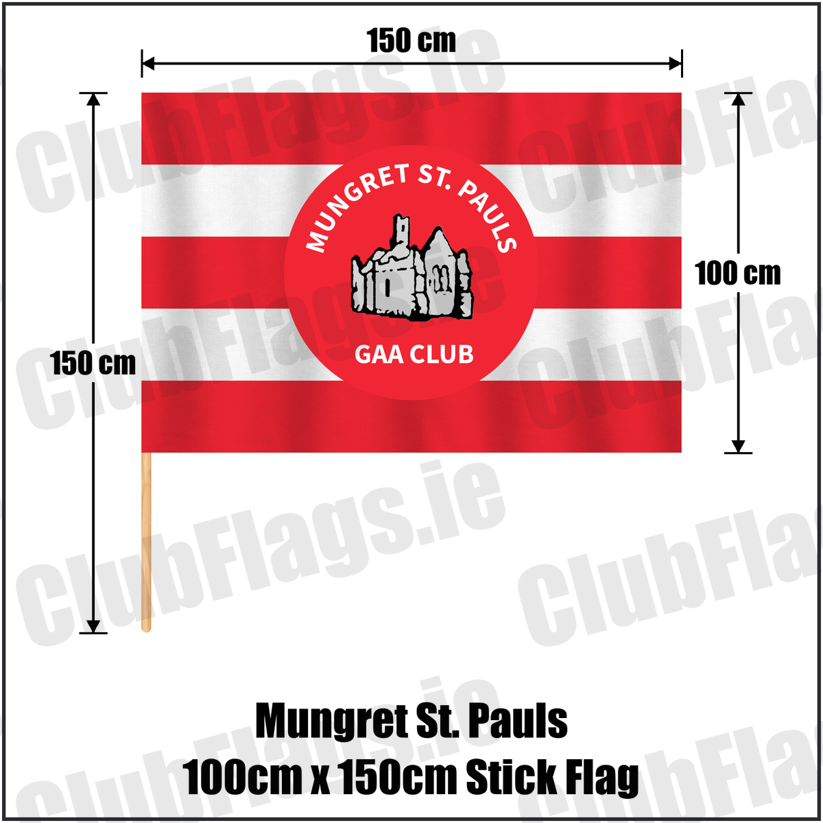 Mungret St. Pauls 100cm x 150cm Stick Flag, featuring the club crest and red and white colours; County Limerick GAA. ClubFlags.ie.