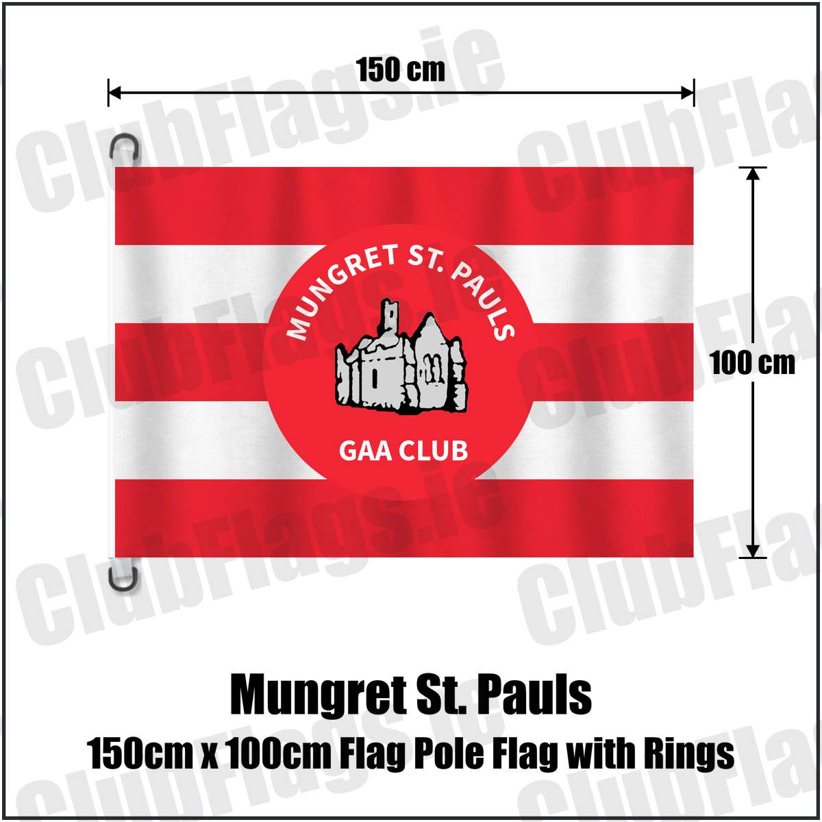 Mungret St. Pauls 150cm x 100cm Flag Pole Flag with Rings, featuring the club crest and red and white colours; County Limerick GAA. ClubFlags.ie.