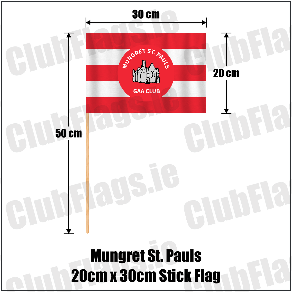 Mungret St. Pauls 20cm x 30cm Stick Flag, featuring the club crest and red and white colours; County Limerick GAA. ClubFlags.ie.