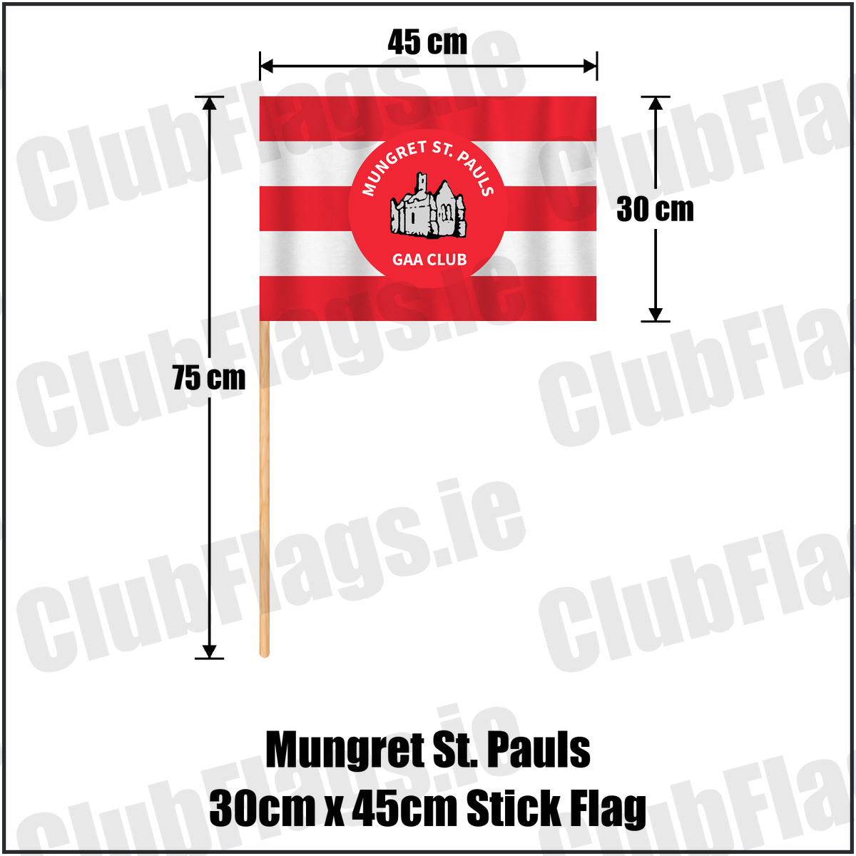 Mungret St. Pauls 30cm x 45cm Stick Flag, featuring the club crest and red and white colours; County Limerick GAA. ClubFlags.ie.