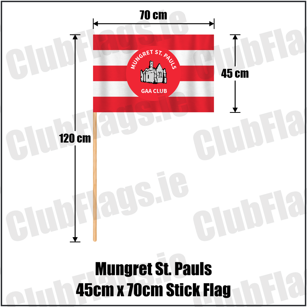 Mungret St. Pauls 45cm x 70cm Stick Flag, featuring the club crest and red and white colours; County Limerick GAA. ClubFlags.ie.