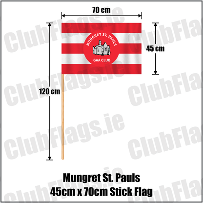 Mungret St. Pauls 45cm x 70cm Stick Flag, featuring the club crest and red and white colours; County Limerick GAA. ClubFlags.ie.