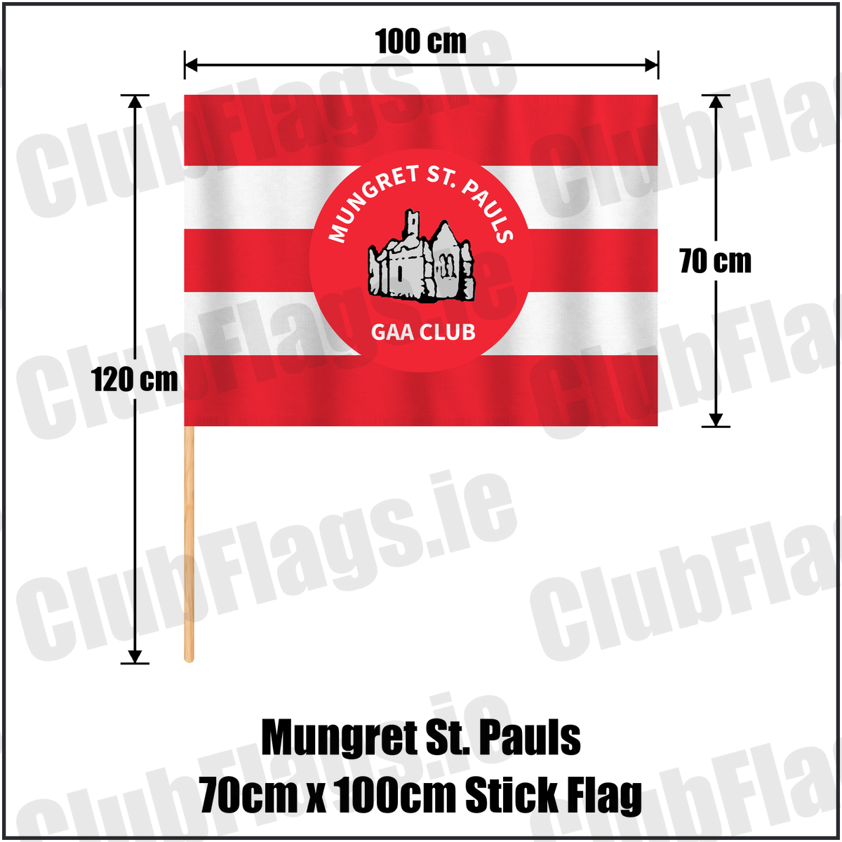 Mungret St. Pauls 70cm x 100cm Stick Flag, featuring the club crest and red and white colours; County Limerick GAA. ClubFlags.ie.
