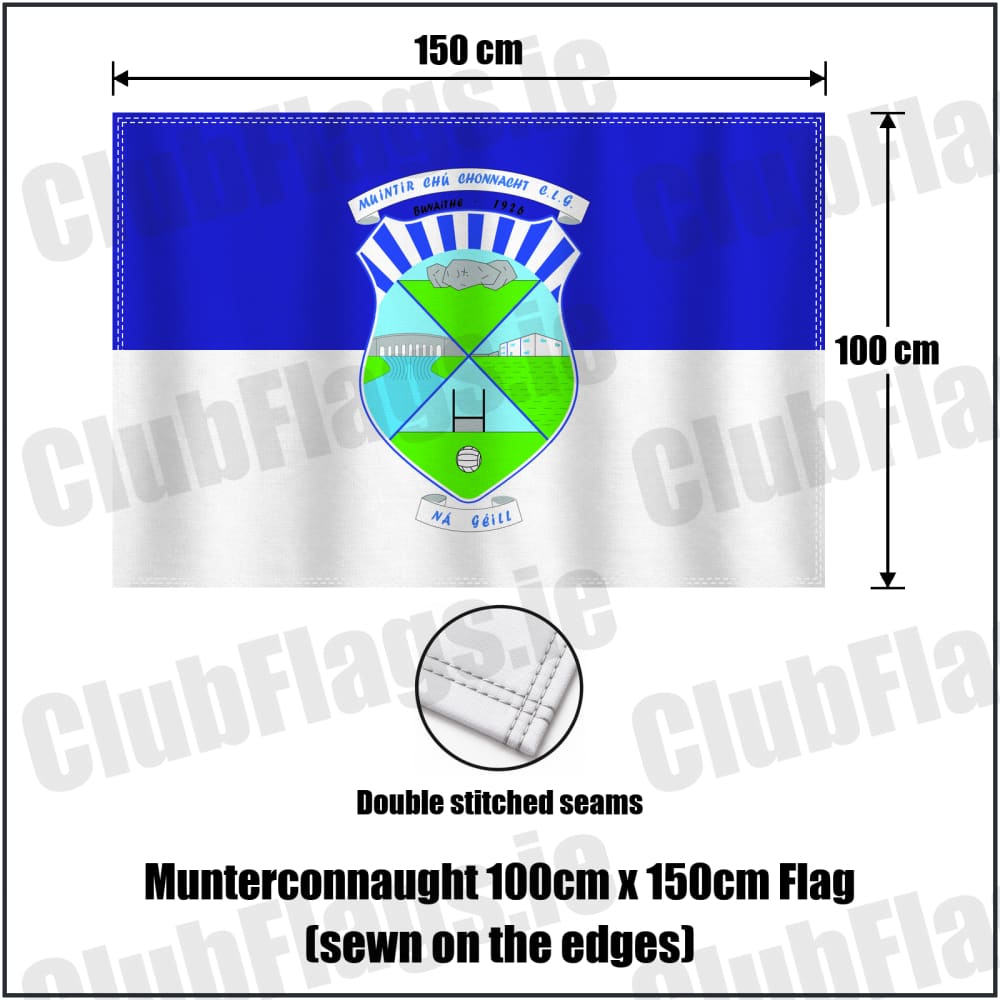 Munterconnaught 100cm x 150cm Flag (sewn on the edges) in blue and white, featuring the club crest on realistic fabric with gentle vertical folds; County Cavan GAA. ClubFlags.ie.