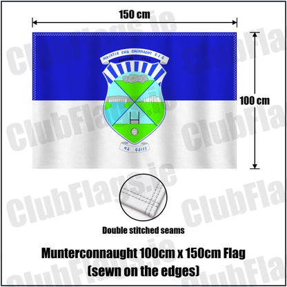 Munterconnaught 100cm x 150cm Flag (sewn on the edges) in blue and white, featuring the club crest on realistic fabric with gentle vertical folds; County Cavan GAA. ClubFlags.ie.