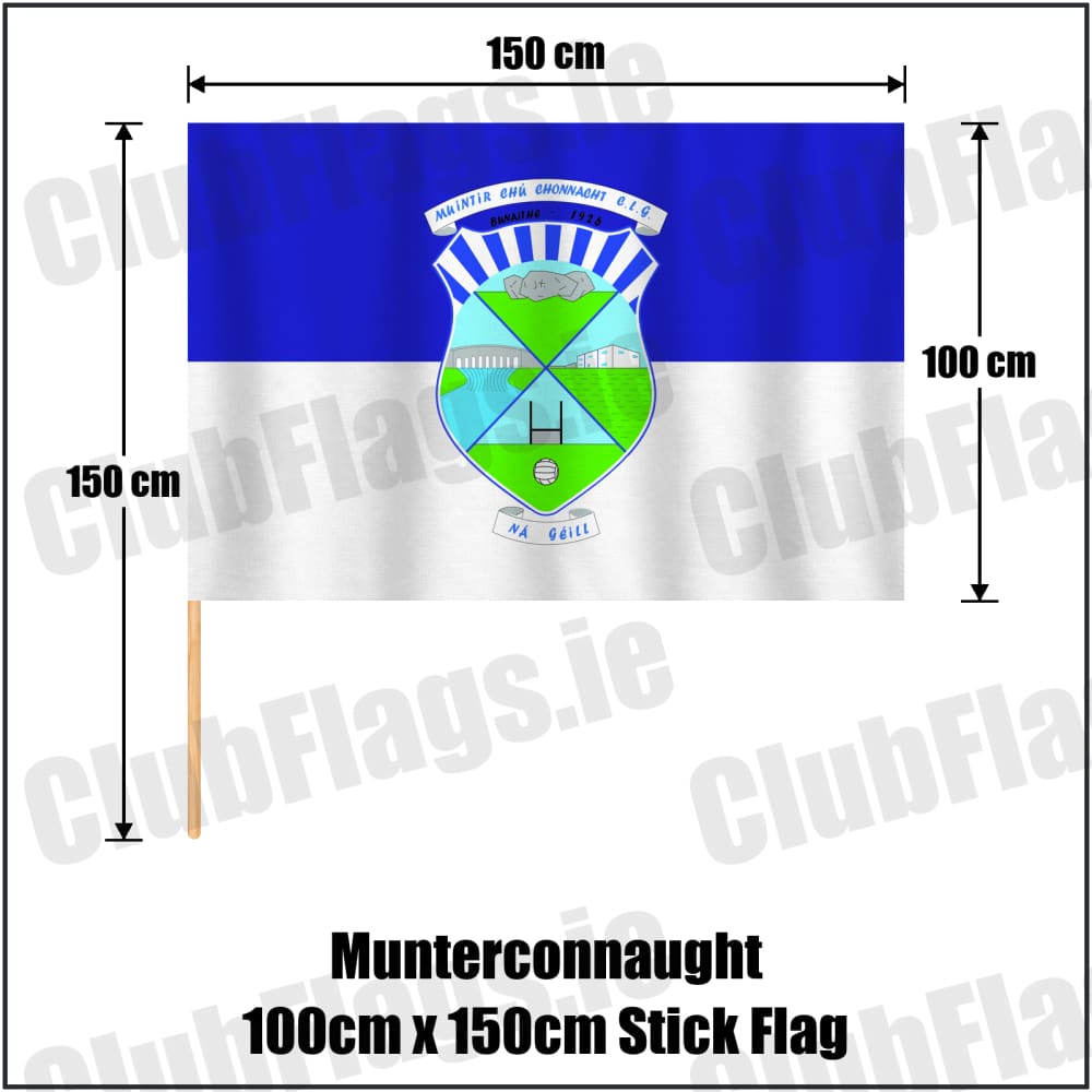 Munterconnaught 100cm x 150cm Stick Flag in blue and white, featuring the club crest on realistic fabric with gentle vertical folds; County Cavan GAA. ClubFlags.ie.
