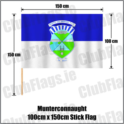 Munterconnaught 100cm x 150cm Stick Flag in blue and white, featuring the club crest on realistic fabric with gentle vertical folds; County Cavan GAA. ClubFlags.ie.