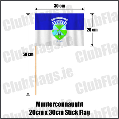 Munterconnaught 20cm x 30cm Stick Flag in blue and white, featuring the club crest on realistic fabric with gentle vertical folds; County Cavan GAA. ClubFlags.ie.