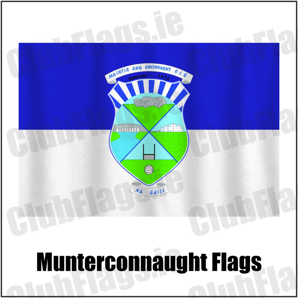 Munterconnaught Flags in blue and white, featuring the club crest on realistic fabric with gentle vertical folds; County Cavan GAA. ClubFlags.ie.