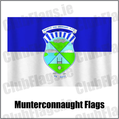 Munterconnaught Flags in blue and white, featuring the club crest on realistic fabric with gentle vertical folds; County Cavan GAA. ClubFlags.ie.