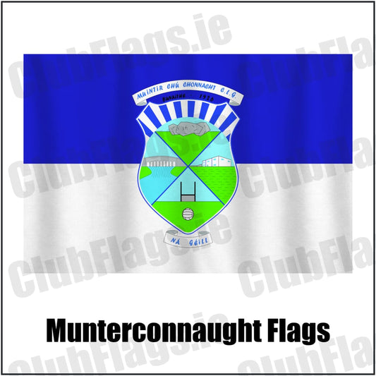 Munterconnaught Flags in blue and white, featuring the club crest on realistic fabric with gentle vertical folds; County Cavan GAA. ClubFlags.ie.