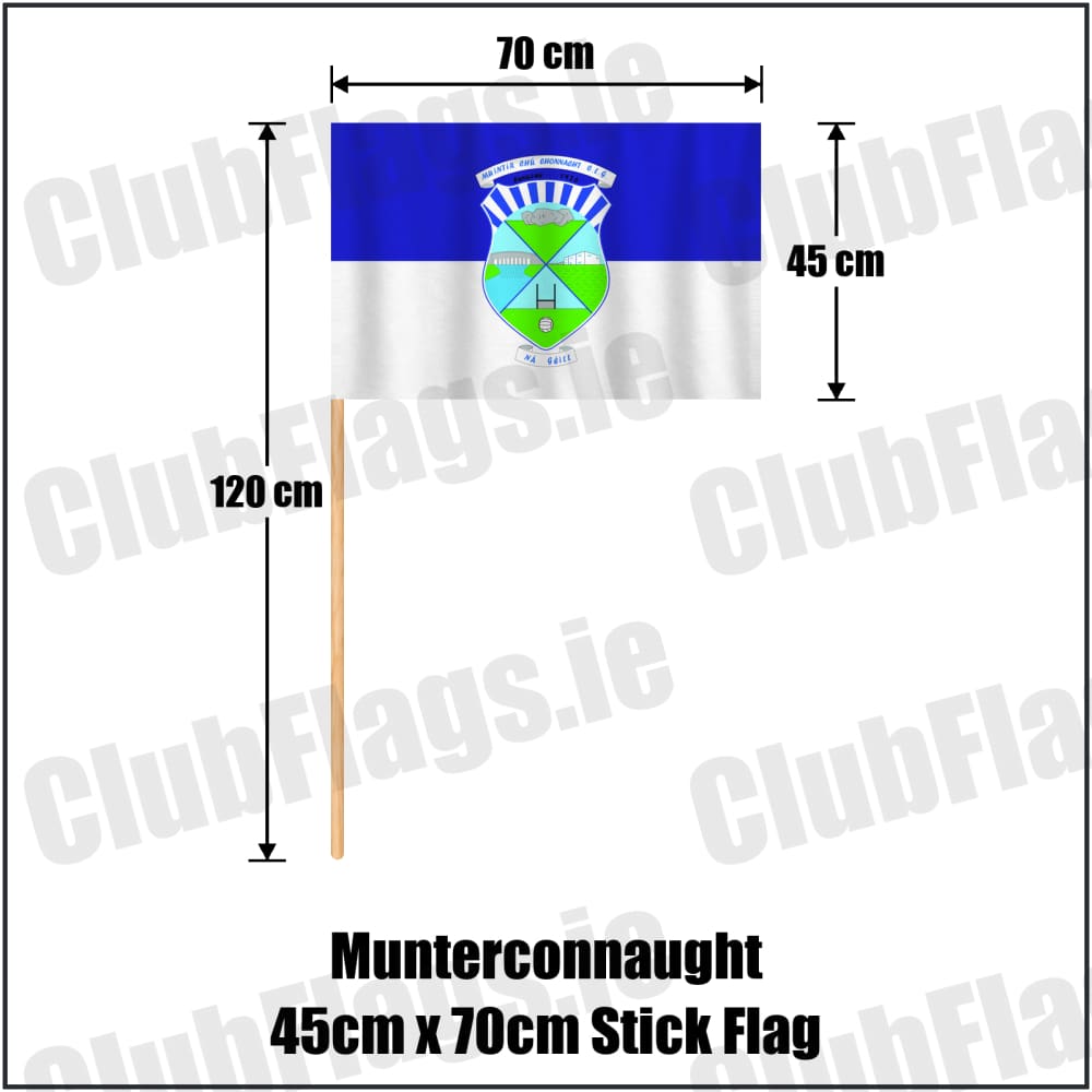 Munterconnaught 45cm x 70cm Stick Flag in blue and white, featuring the club crest on realistic fabric with gentle vertical folds; County Cavan GAA. ClubFlags.ie.