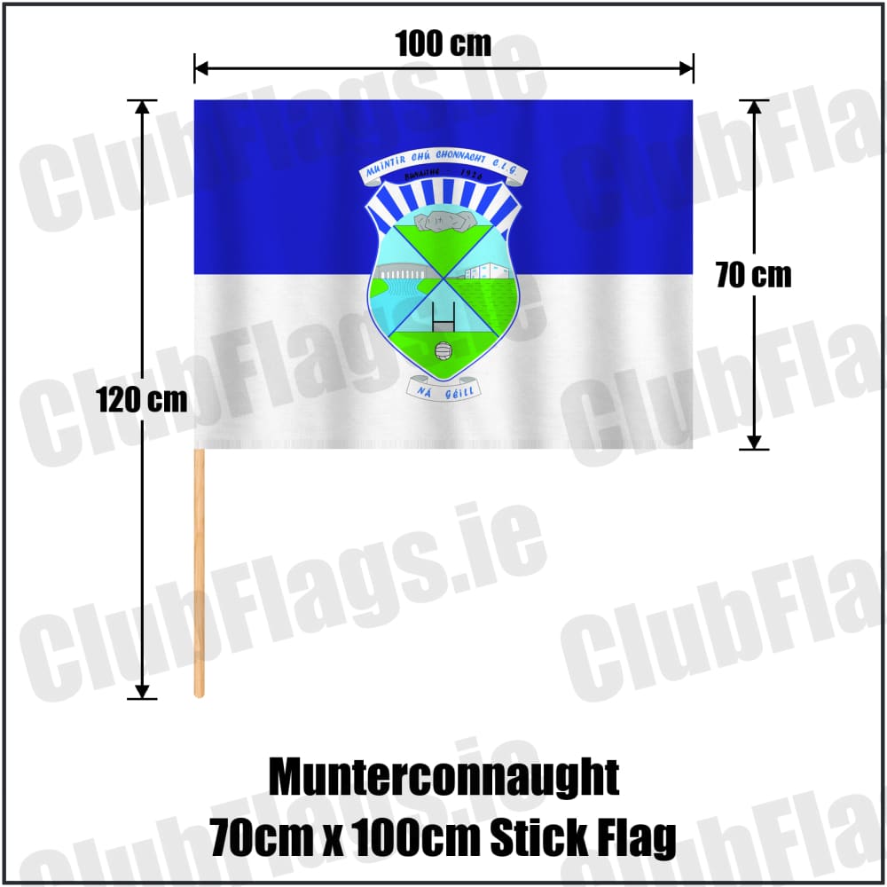Munterconnaught 70cm x 100cm Stick Flag in blue and white, featuring the club crest on realistic fabric with gentle vertical folds; County Cavan GAA. ClubFlags.ie.