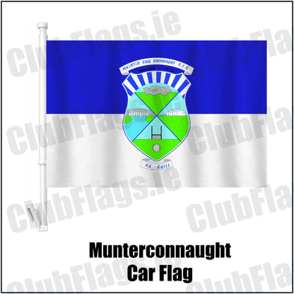 Munterconnaught Car Flag in blue and white, featuring the club crest on realistic fabric with gentle vertical folds; County Cavan GAA. ClubFlags.ie.