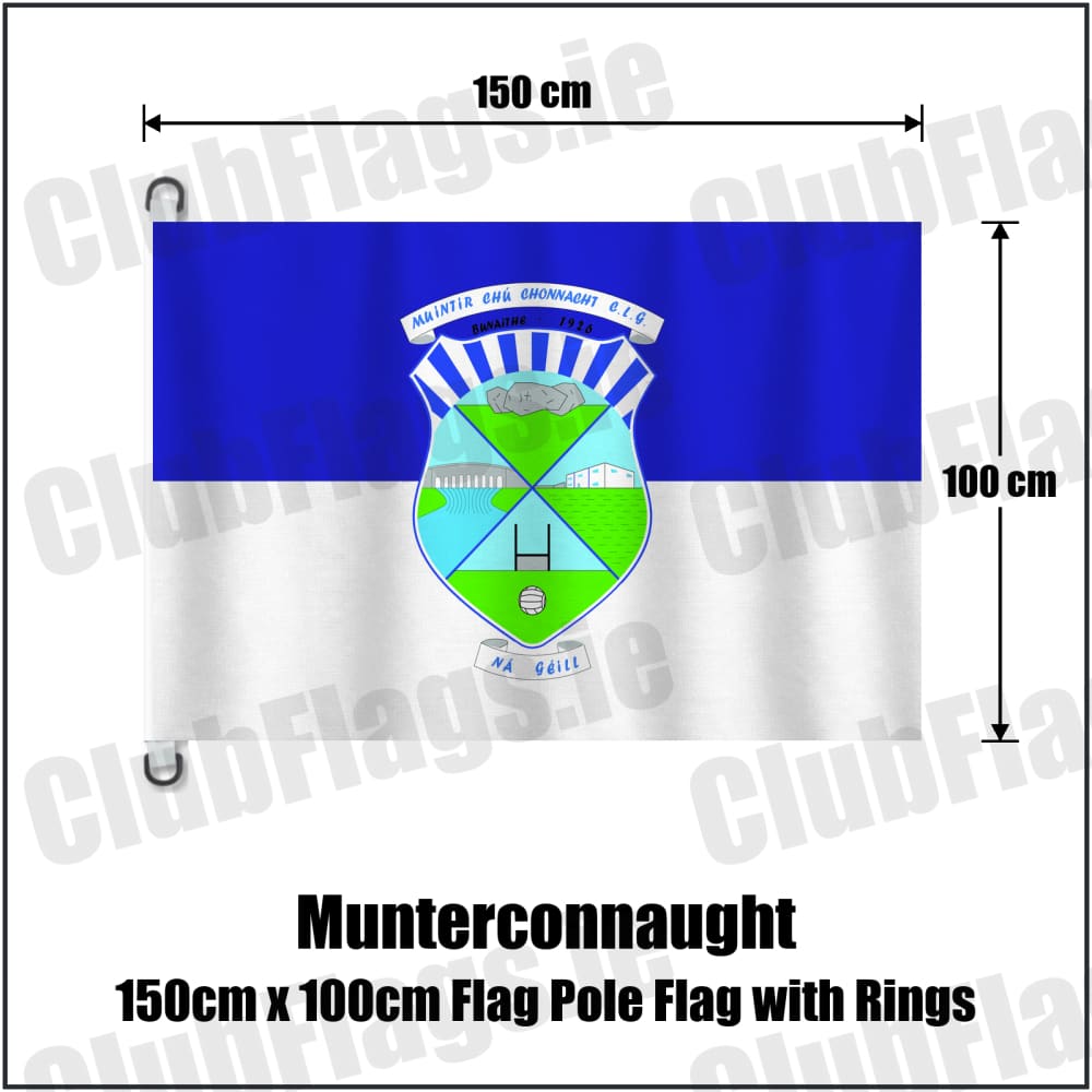 Munterconnaught 150cm x 100cm Flag Pole Flag with Rings in blue and white, featuring the club crest on realistic fabric with gentle vertical folds; County Cavan GAA. ClubFlags.ie.