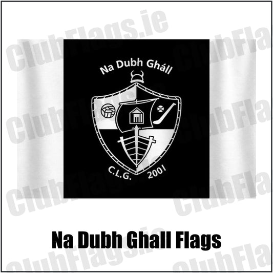 Na Dubh Ghall Flags in black and white, featuring the club crest on realistic fabric with gentle vertical folds; County Dublin GAA. ClubFlags.ie.